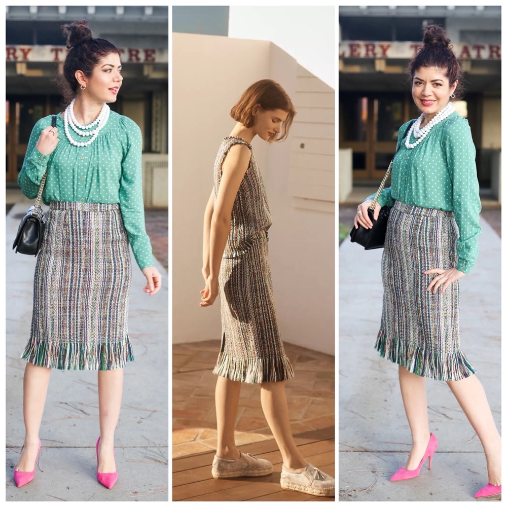Anthro Maeve Multicolor Fringed Tweed Pencil Skirt - Picture 4 of 13